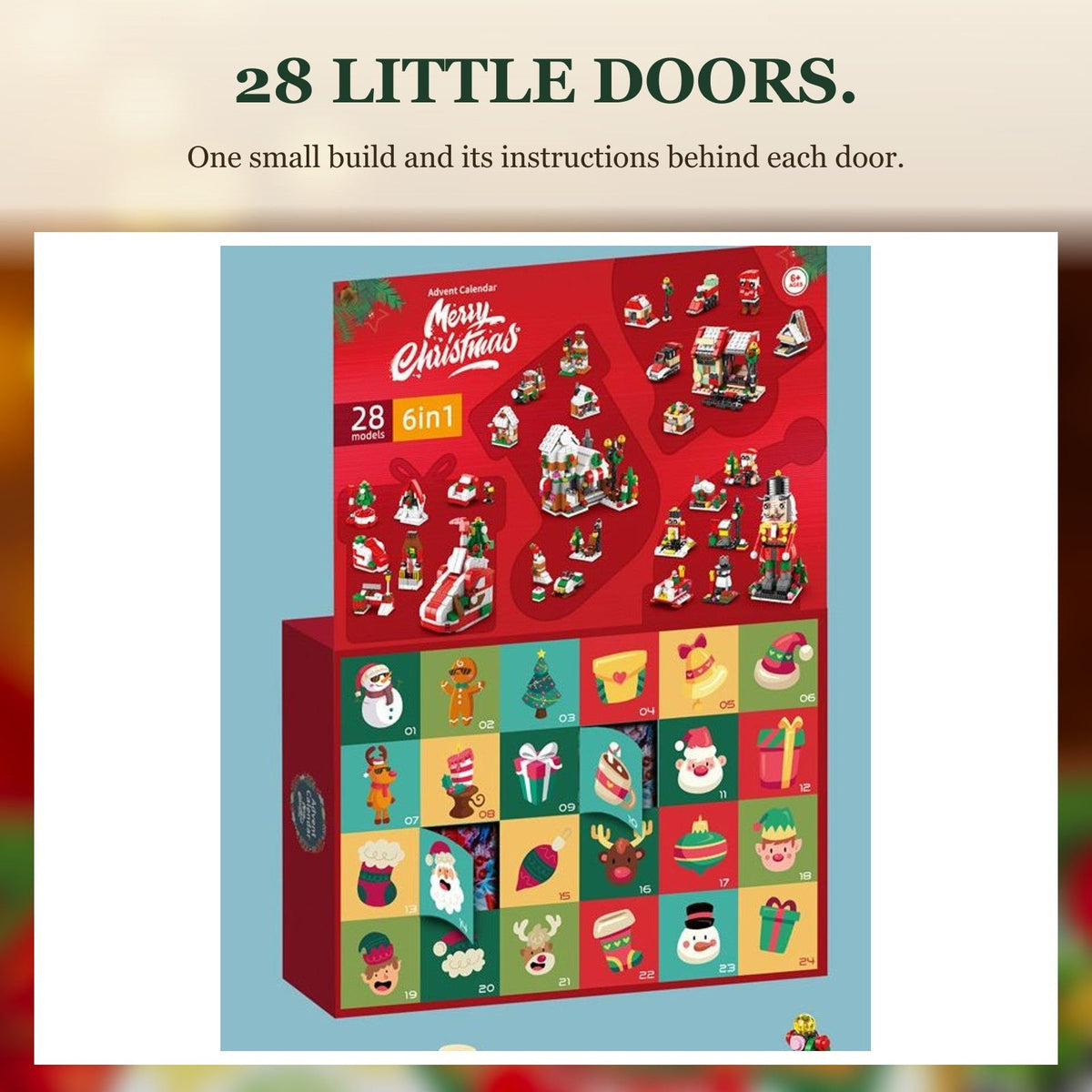 6-in-1 Christmas Building Block Advent Calendar, 28 Doors, Nutcracker, Sleigh or Tree