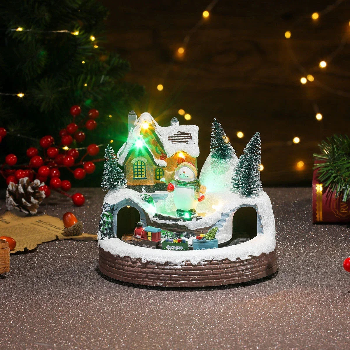 Village de Noël avec éclairage LED et train miniature rotatif
