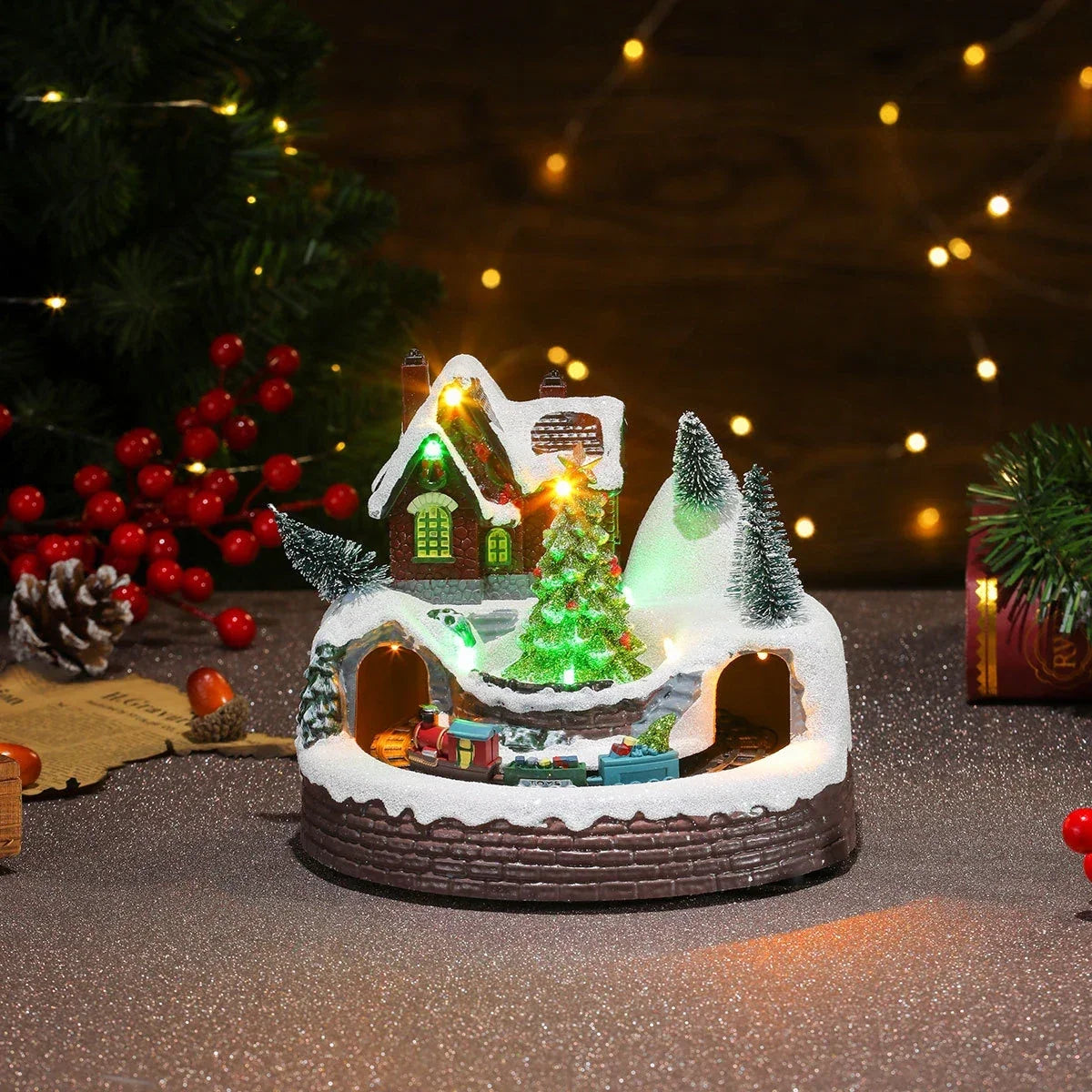 Village de Noël avec éclairage LED et train miniature rotatif