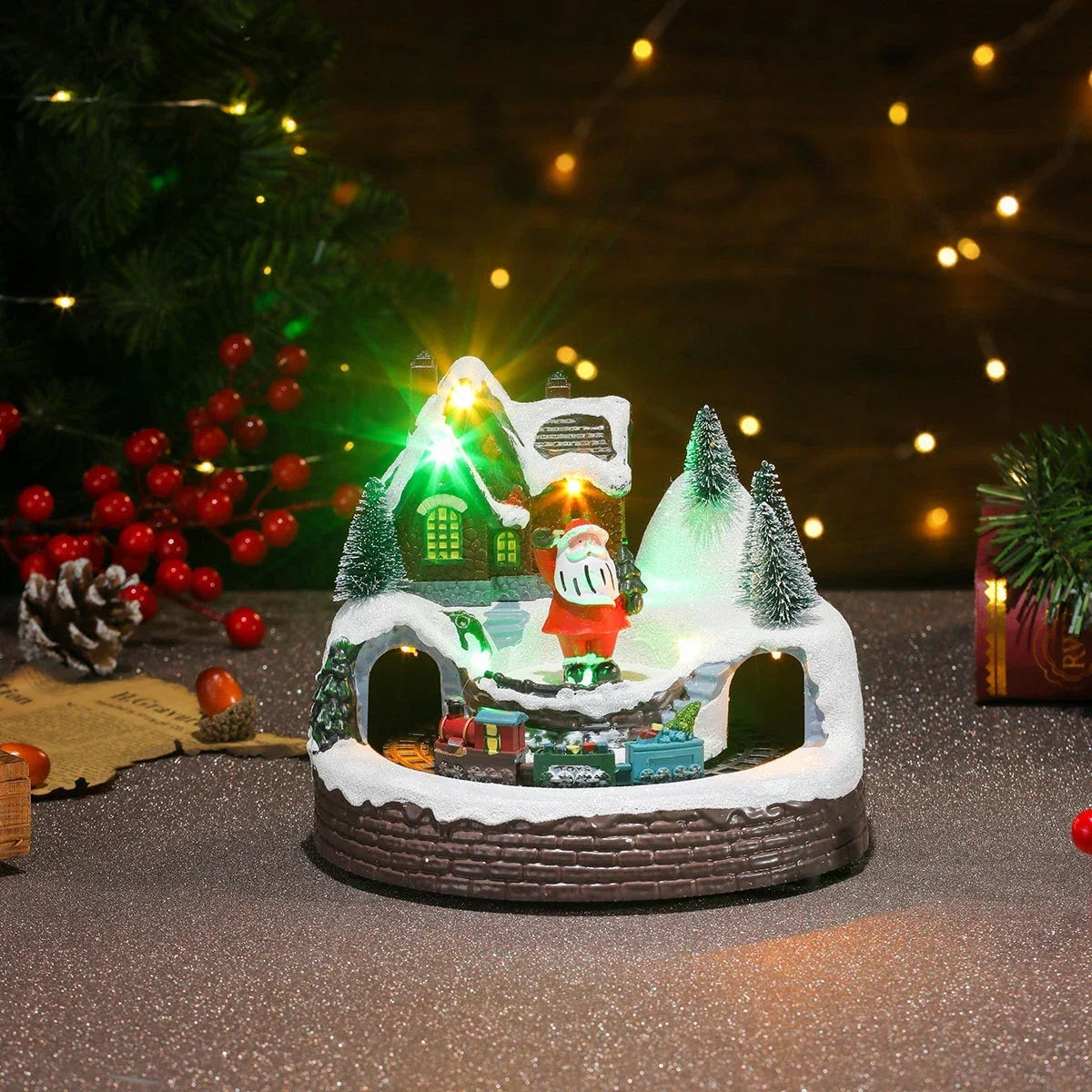 Village de Noël avec éclairage LED et train miniature rotatif