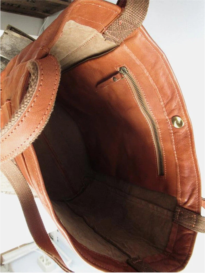 Classic Natural Leather Handbag in Retro Style