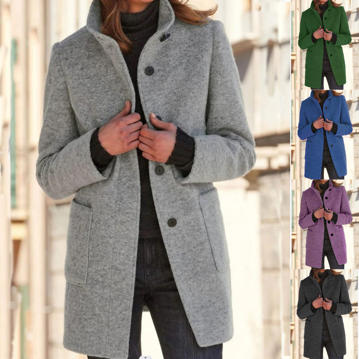 Manteau classique en laine pour femme avec fermeture à boutons rétro