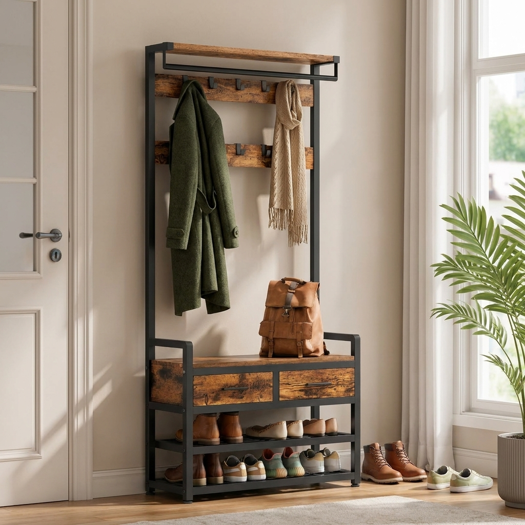 Coat Rack with Shoe Bench