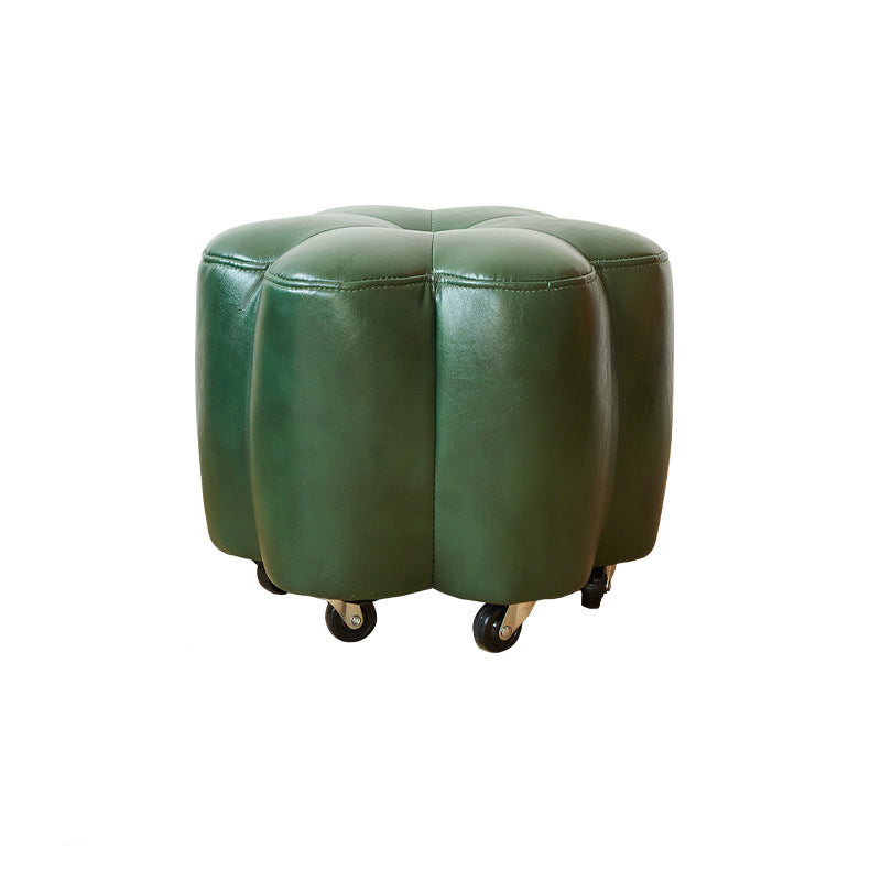 Pouf repose-pieds roulant contemporain rétro en forme de fleur, avec structure en bois de pin, revêtement imitation cuir ciré à l'huile ou ottomane en coton et lin pour le salon