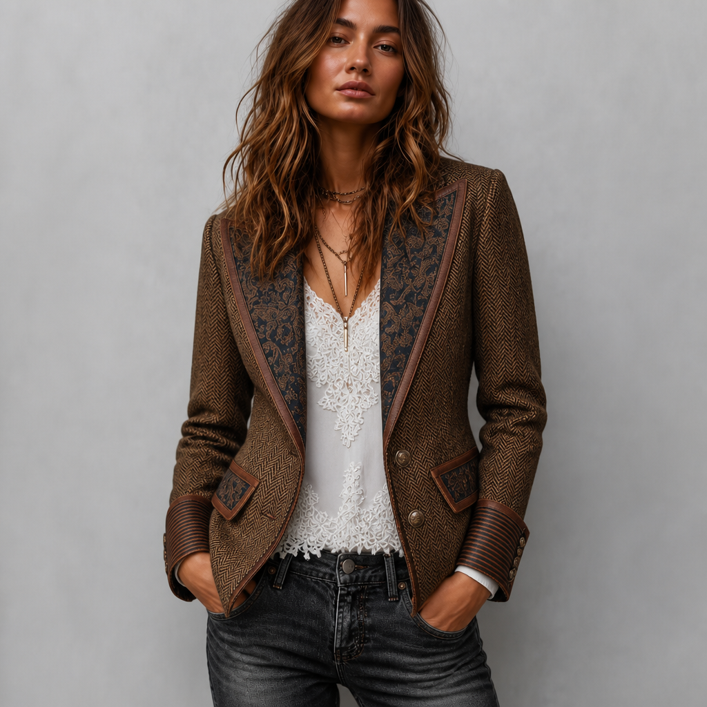 Contrast-Trim Herringbone Structured Blazer