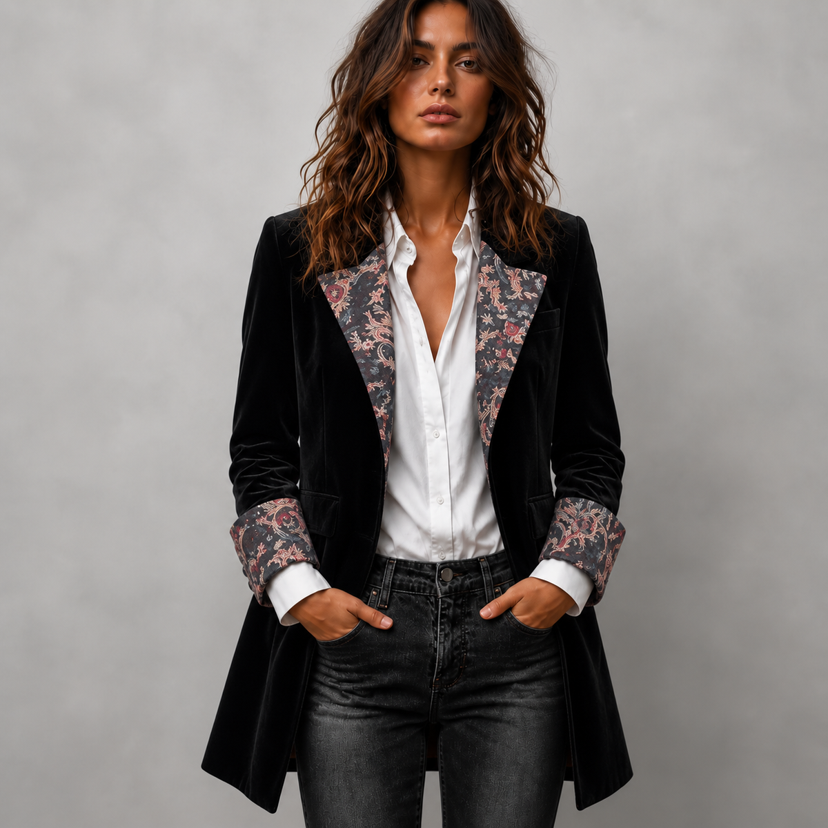 Contrast-Trim Herringbone Structured Blazer