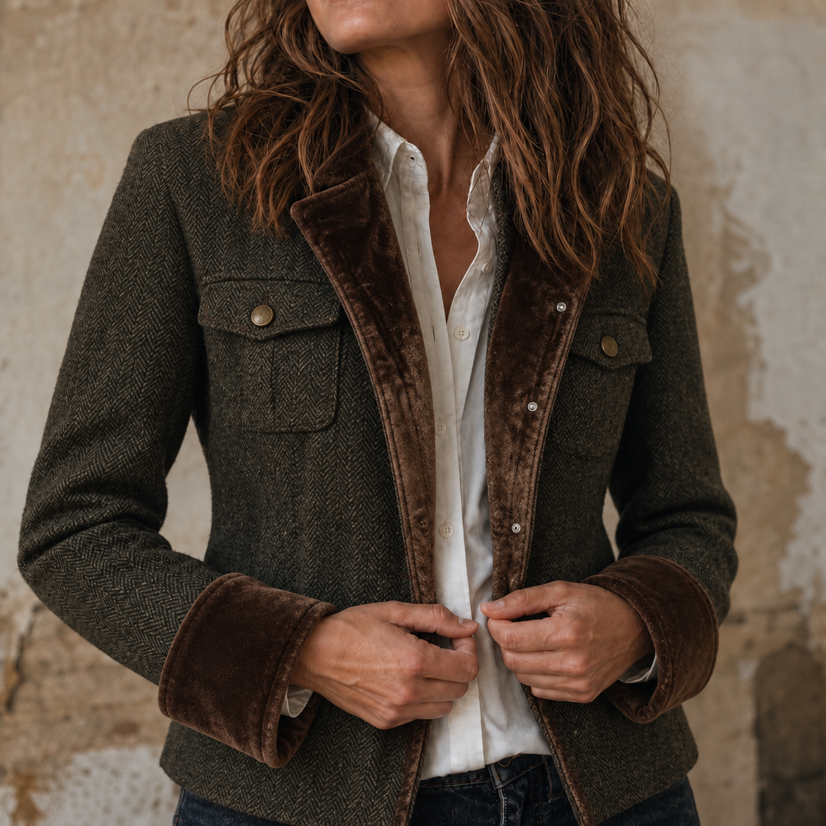 Contrast-Trim Herringbone Structured Blazer