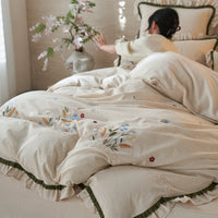 Cotton-Linen Bedding Set with Hand-Embroidered Wildflower Motif and Ruffles