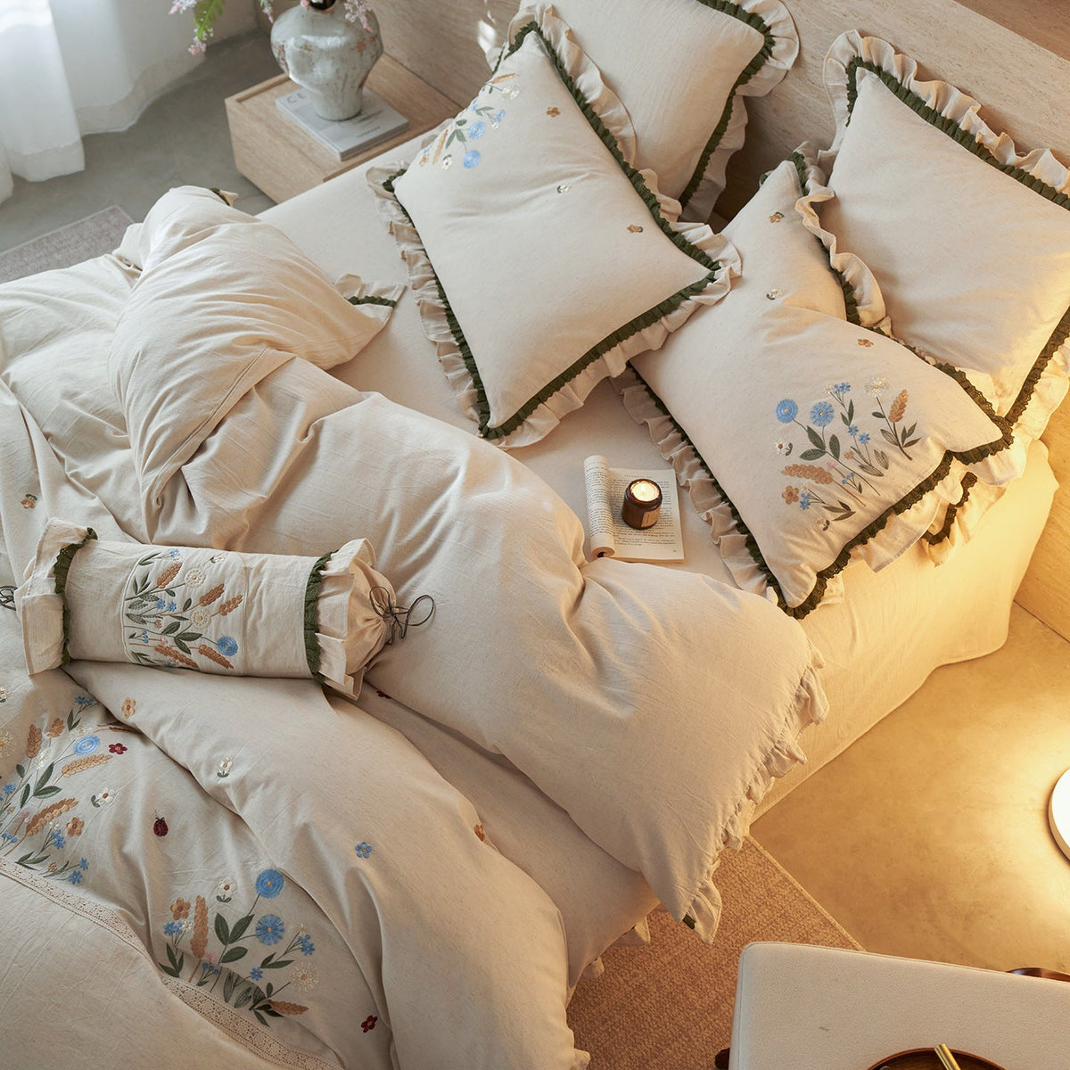 Cotton-Linen Bedding Set with Hand-Embroidered Wildflower Motif and Ruffles