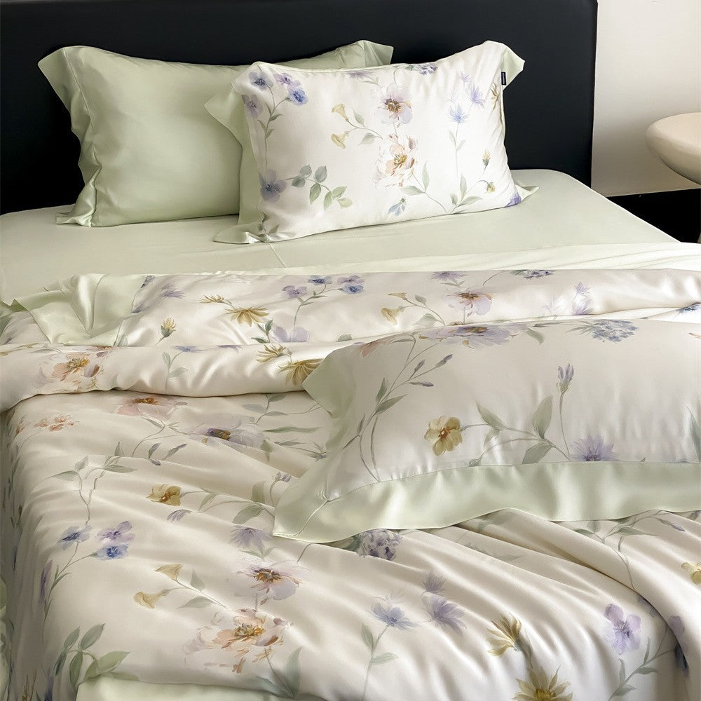 Cotton Sateen Bedding Set with Watercolor Marble Print and Fine Hem Edge