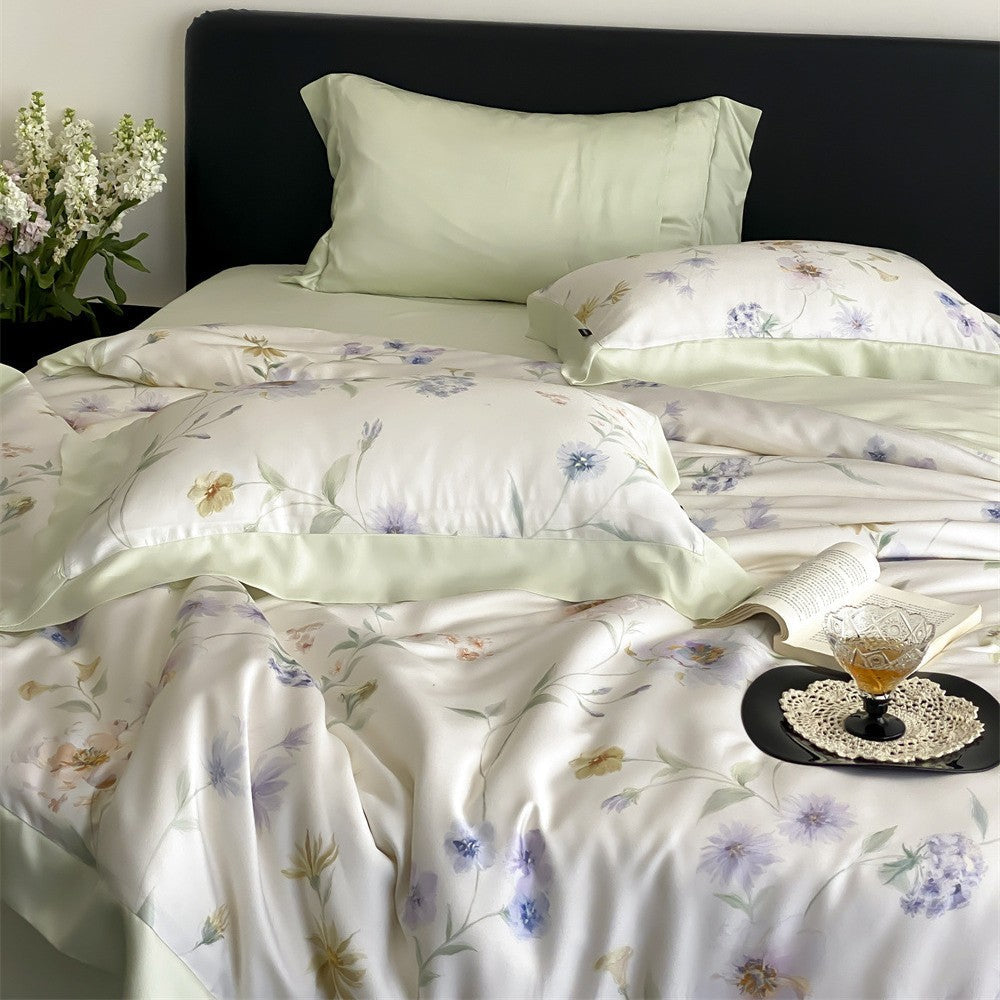 Cotton Sateen Bedding Set with Watercolor Marble Print and Fine Hem Edge