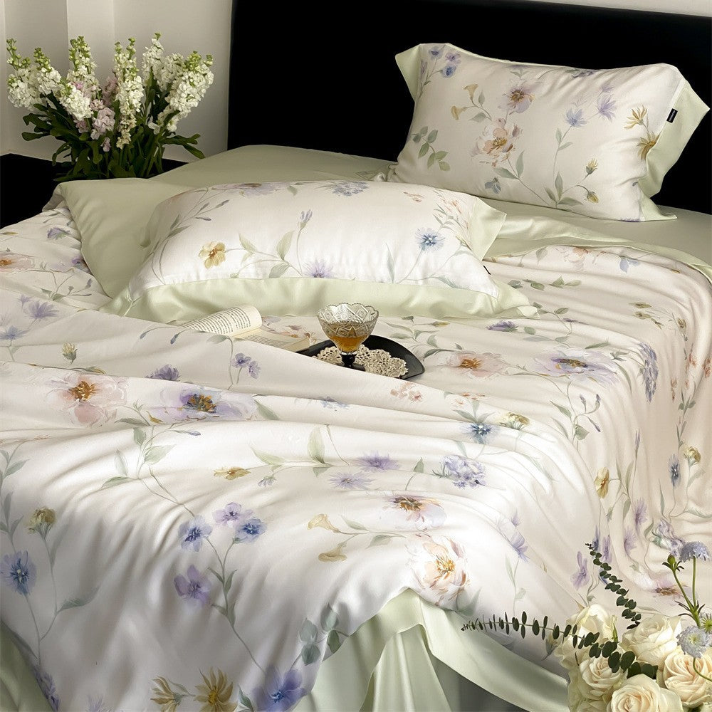 Cotton Sateen Bedding Set with Watercolor Marble Print and Fine Hem Edge