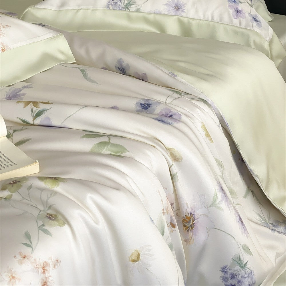 Cotton Sateen Bedding Set with Watercolor Marble Print and Fine Hem Edge