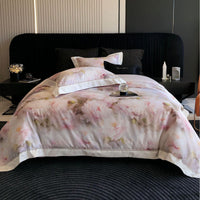 Cotton Sateen Bedding Set with Watercolor Peony Print and Satin Border