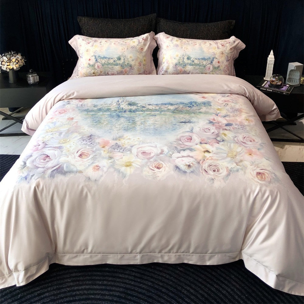 Cotton Sateen Bedding Set with Watercolor Peony Print and Satin Border