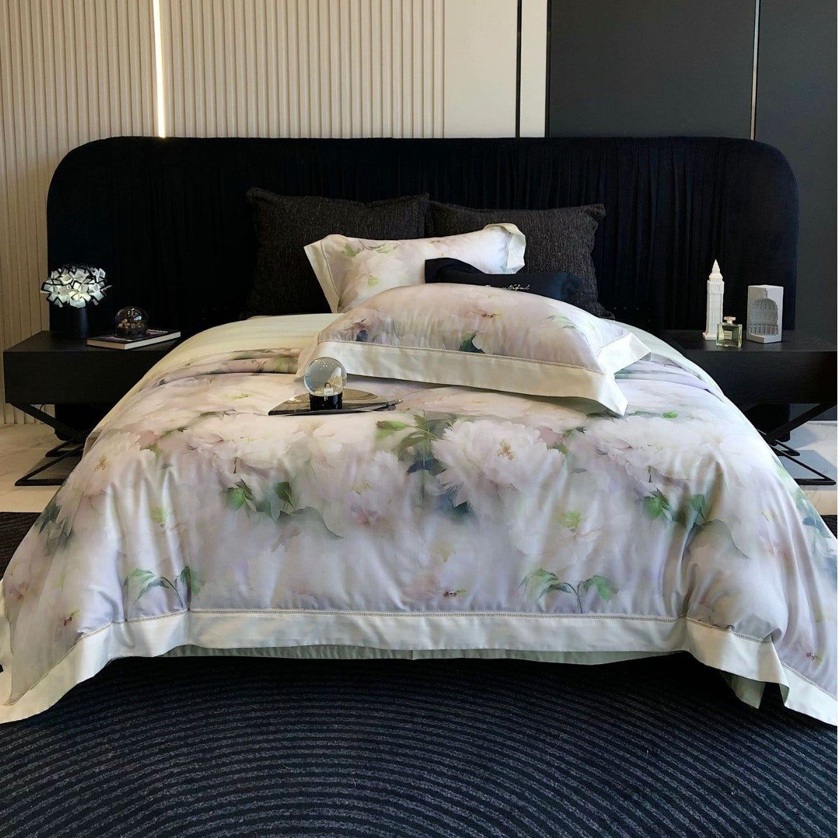 Cotton Sateen Bedding Set with Watercolor Peony Print and Satin Border