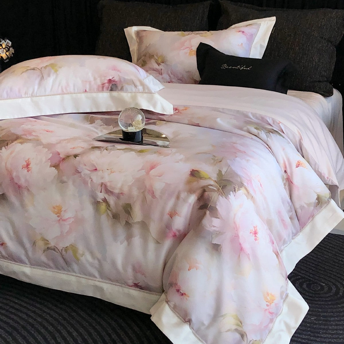 Cotton Sateen Bedding Set with Watercolor Peony Print and Satin Border