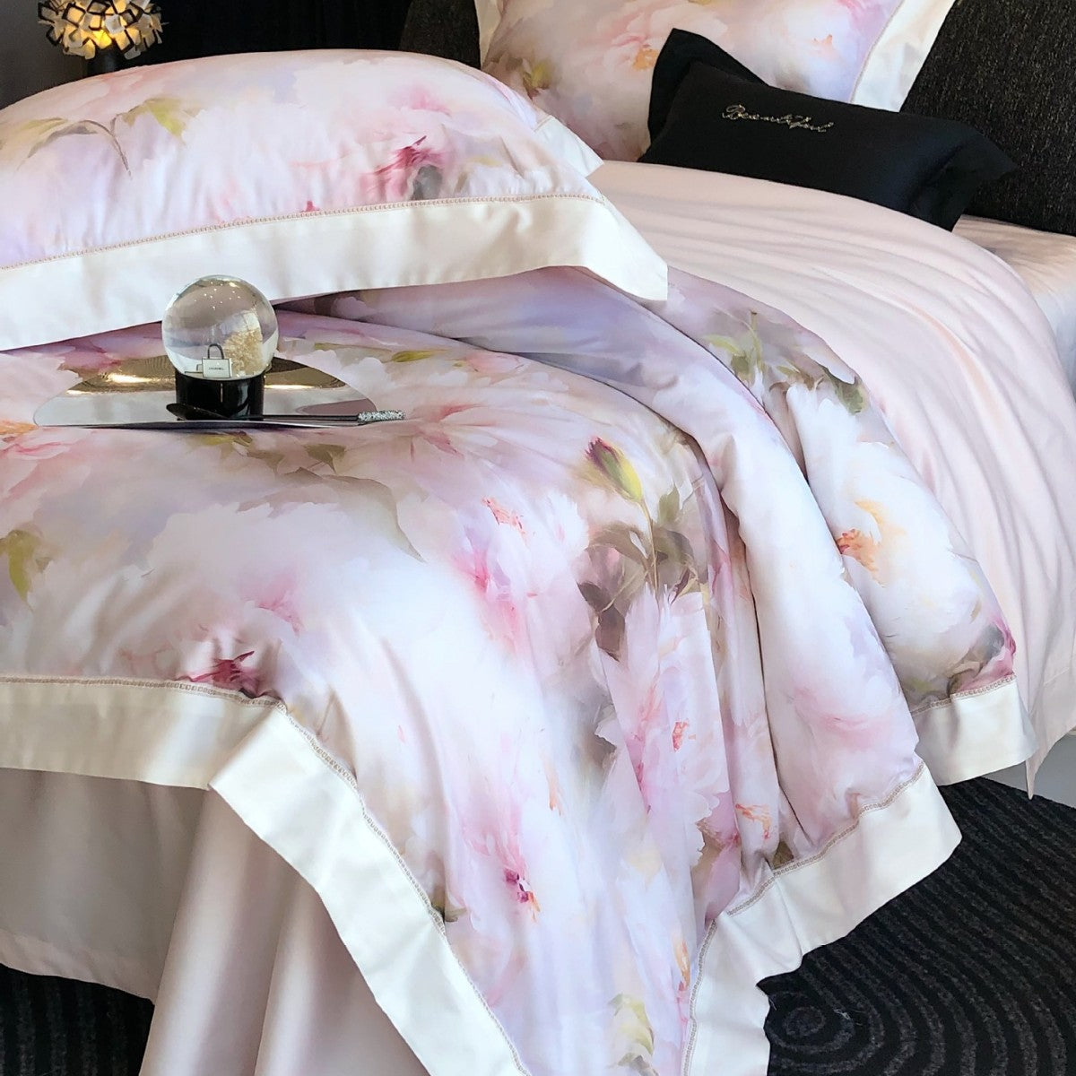 Cotton Sateen Bedding Set with Watercolor Peony Print and Satin Border
