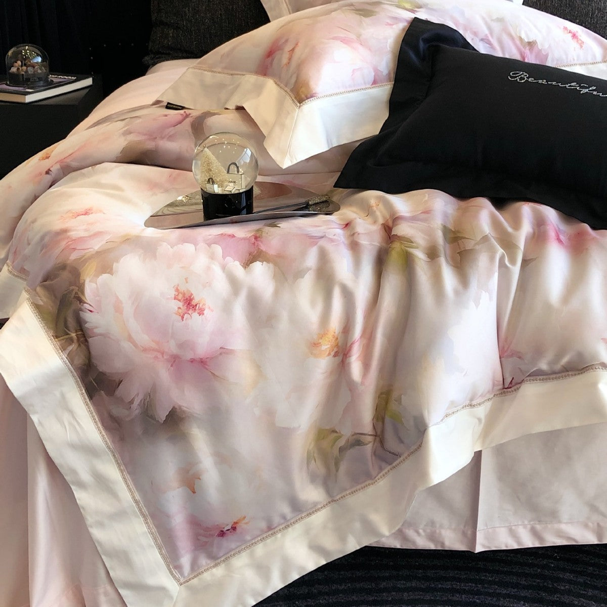 Cotton Sateen Bedding Set with Watercolor Peony Print and Satin Border