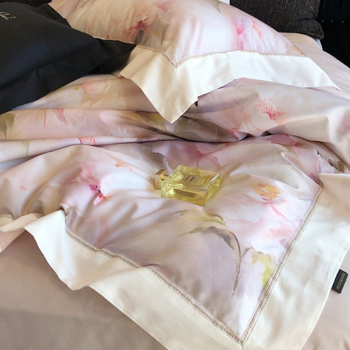 Cotton Sateen Bedding Set with Watercolor Peony Print and Satin Border