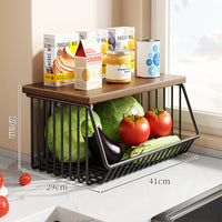 Countertop Metal Wire Fruit and Vegetable Storage Rack with Wooden Top