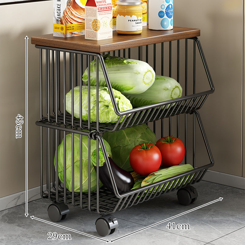 Countertop Metal Wire Fruit and Vegetable Storage Rack with Wooden Top