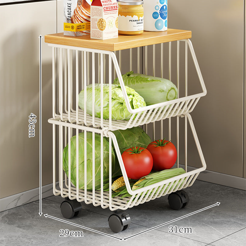 Countertop Metal Wire Fruit and Vegetable Storage Rack with Wooden Top