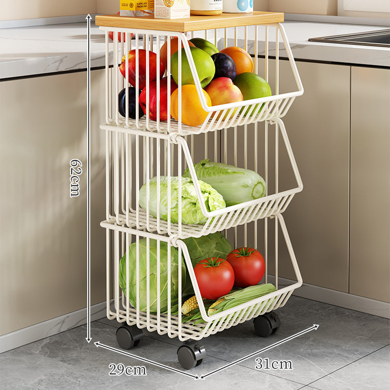 Countertop Metal Wire Fruit and Vegetable Storage Rack with Wooden Top
