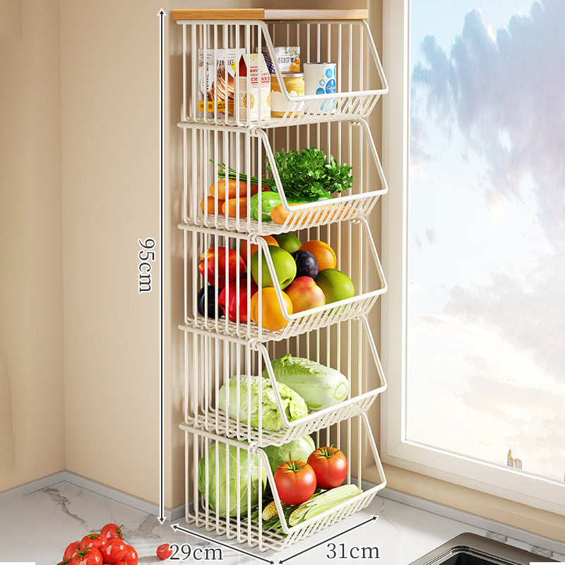 Countertop Metal Wire Fruit and Vegetable Storage Rack with Wooden Top