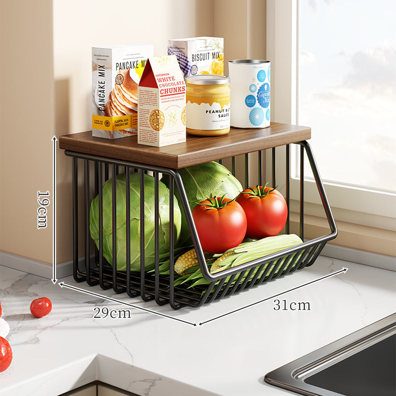 Countertop Metal Wire Fruit and Vegetable Storage Rack with Wooden Top