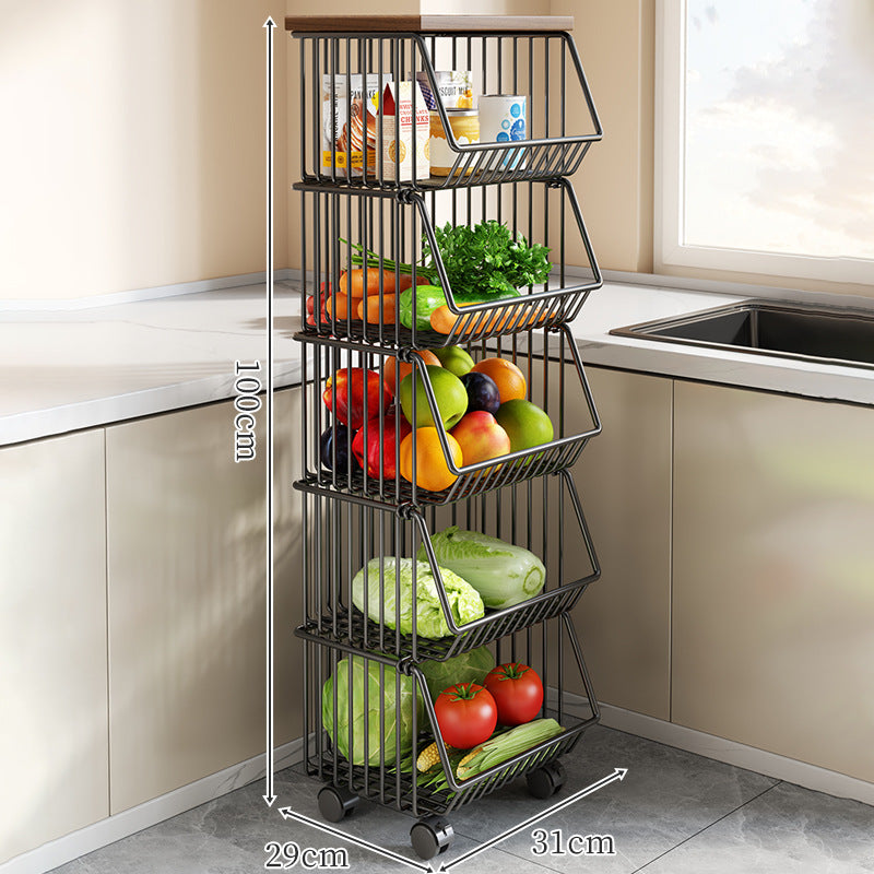 Countertop Metal Wire Fruit and Vegetable Storage Rack with Wooden Top