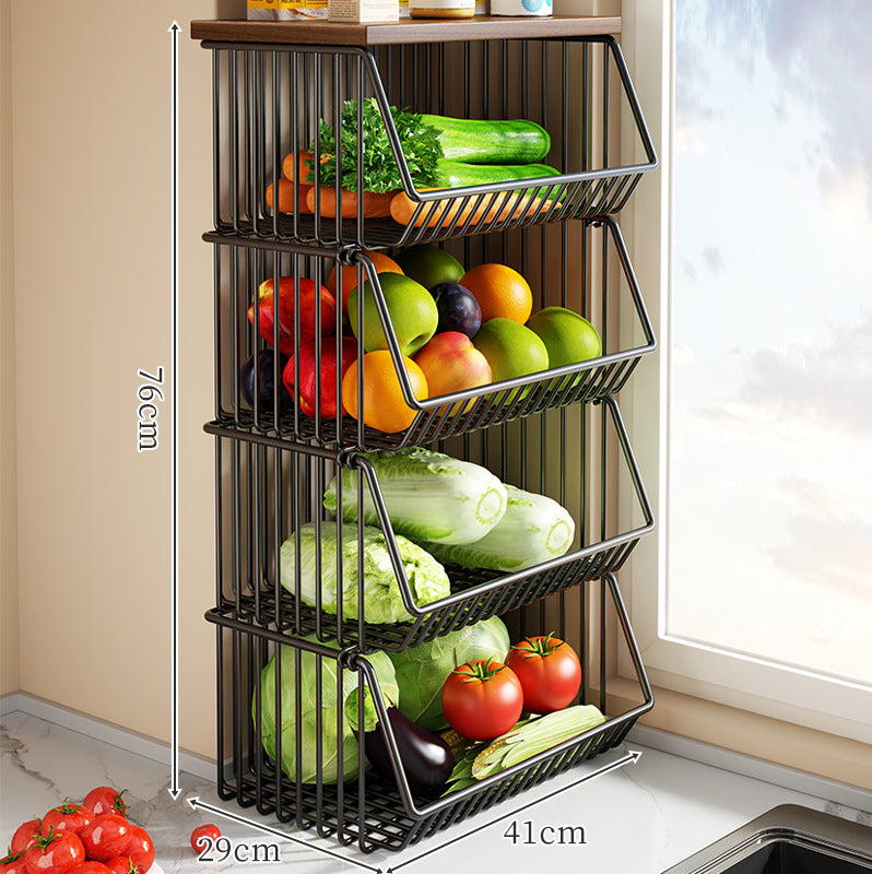 Countertop Metal Wire Fruit and Vegetable Storage Rack with Wooden Top