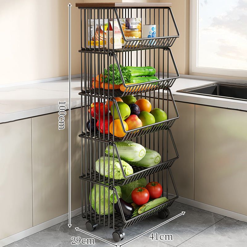 Countertop Metal Wire Fruit and Vegetable Storage Rack with Wooden Top