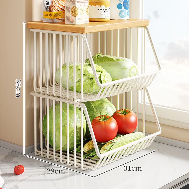 Countertop Metal Wire Fruit and Vegetable Storage Rack with Wooden Top
