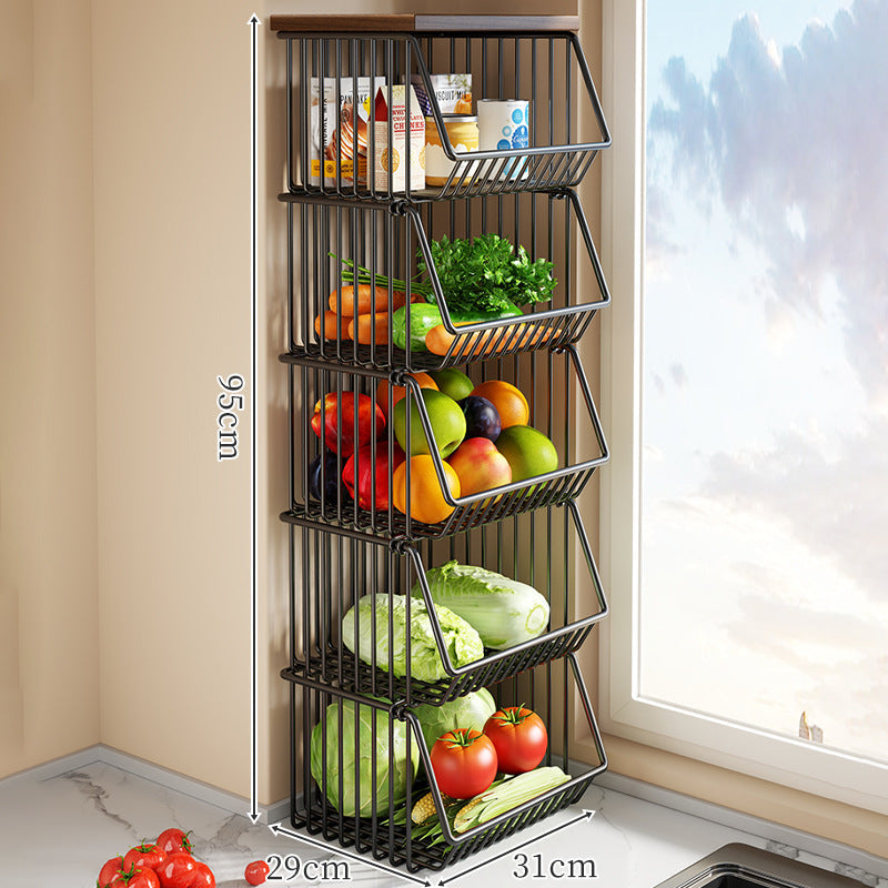 Countertop Metal Wire Fruit and Vegetable Storage Rack with Wooden Top