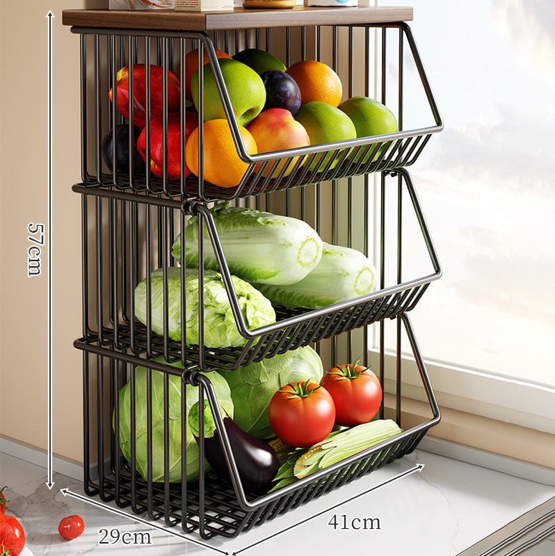 Countertop Metal Wire Fruit and Vegetable Storage Rack with Wooden Top