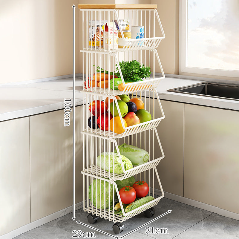 Countertop Metal Wire Fruit and Vegetable Storage Rack with Wooden Top