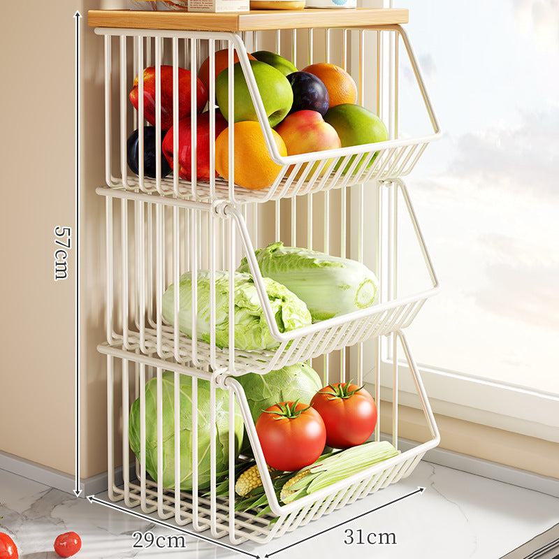 Countertop Metal Wire Fruit and Vegetable Storage Rack with Wooden Top