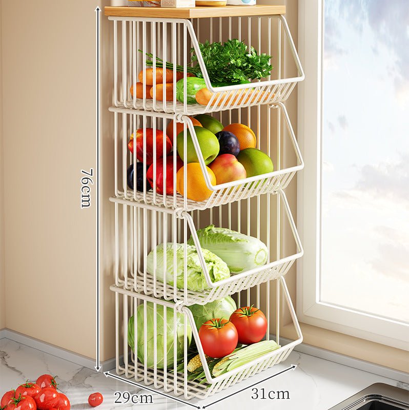 Countertop Metal Wire Fruit and Vegetable Storage Rack with Wooden Top