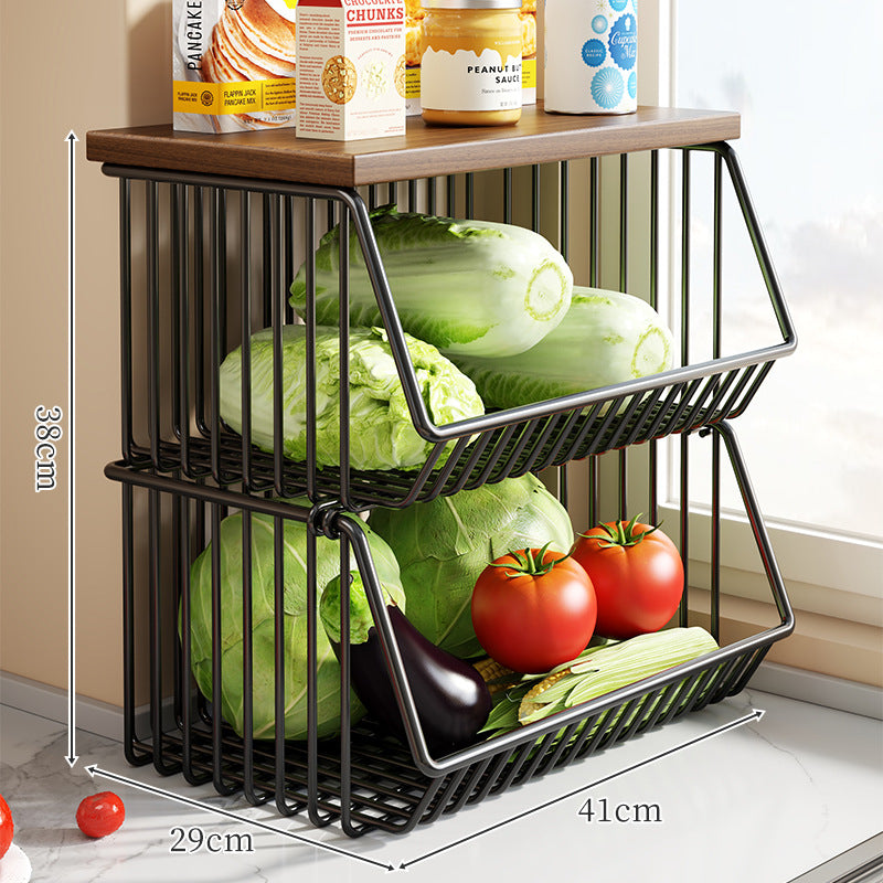 Countertop Metal Wire Fruit and Vegetable Storage Rack with Wooden Top