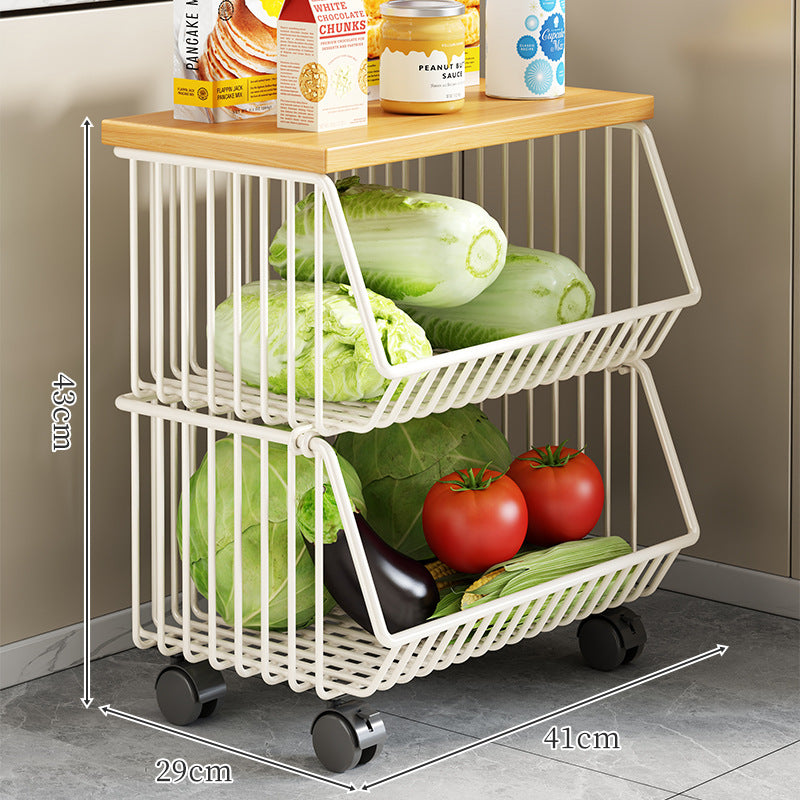 Countertop Metal Wire Fruit and Vegetable Storage Rack with Wooden Top