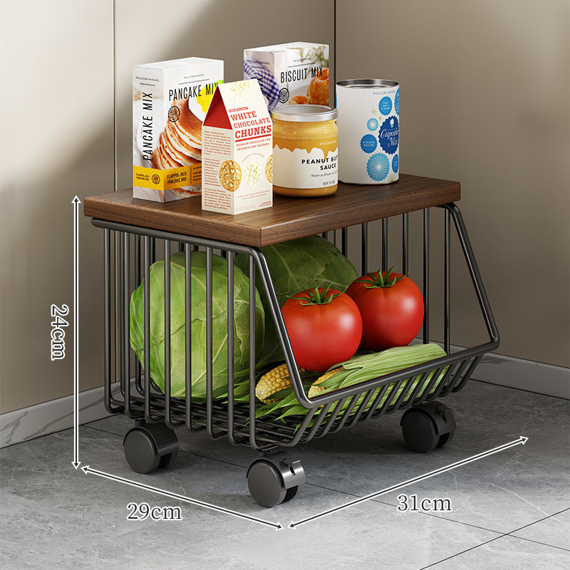 Countertop Metal Wire Fruit and Vegetable Storage Rack with Wooden Top