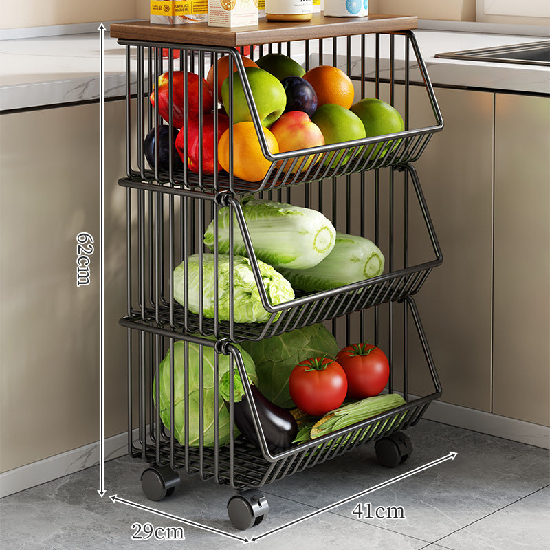 Countertop Metal Wire Fruit and Vegetable Storage Rack with Wooden Top