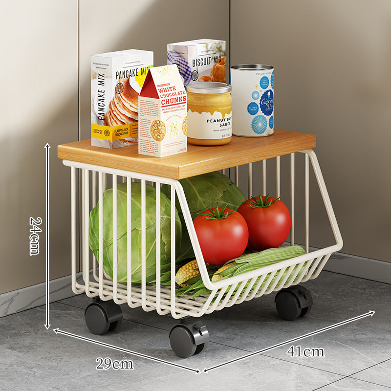Countertop Metal Wire Fruit and Vegetable Storage Rack with Wooden Top