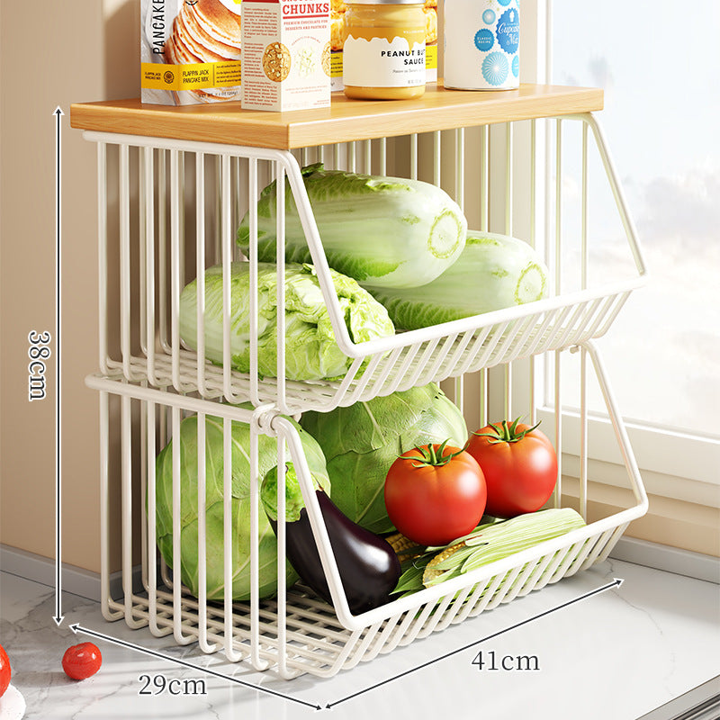 Countertop Metal Wire Fruit and Vegetable Storage Rack with Wooden Top