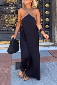 Vestido Midi Sin Mangas para Mujer con Cuello Halter y Costuras