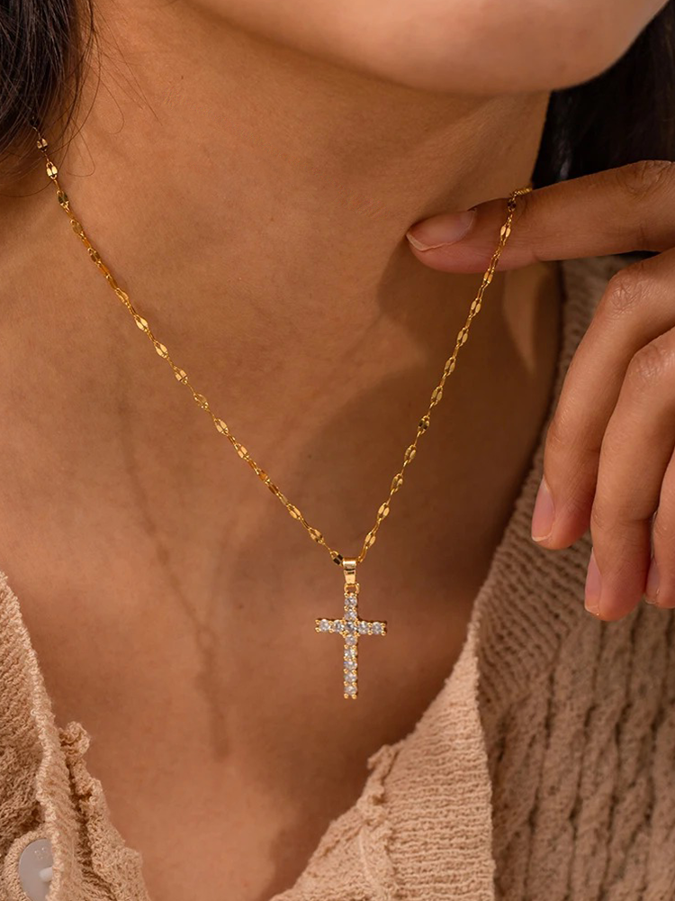 Cross Necklace with Gold Finish Shiny Zirconia and Spiritual Style