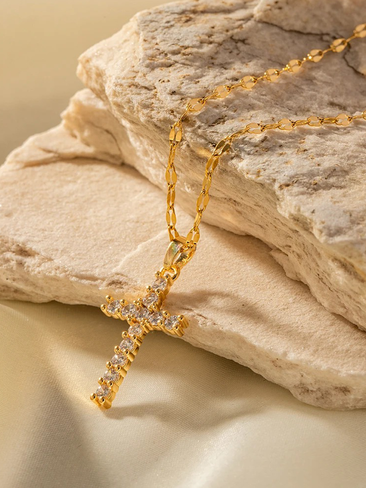 Cross Necklace with Gold Finish Shiny Zirconia and Spiritual Style