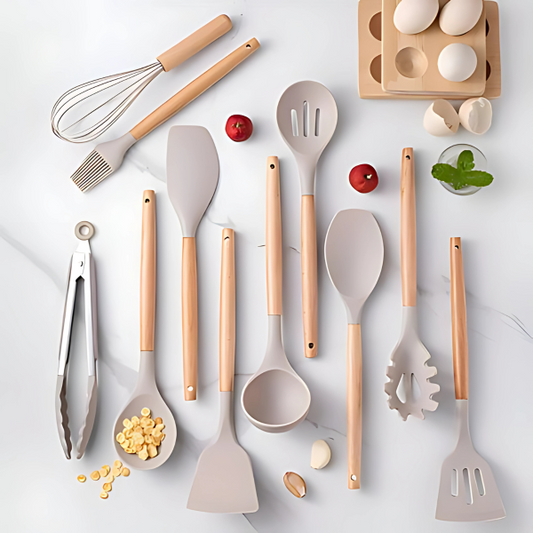 Davy | 12-Piece Silicone Utensil Set with Wood Handles