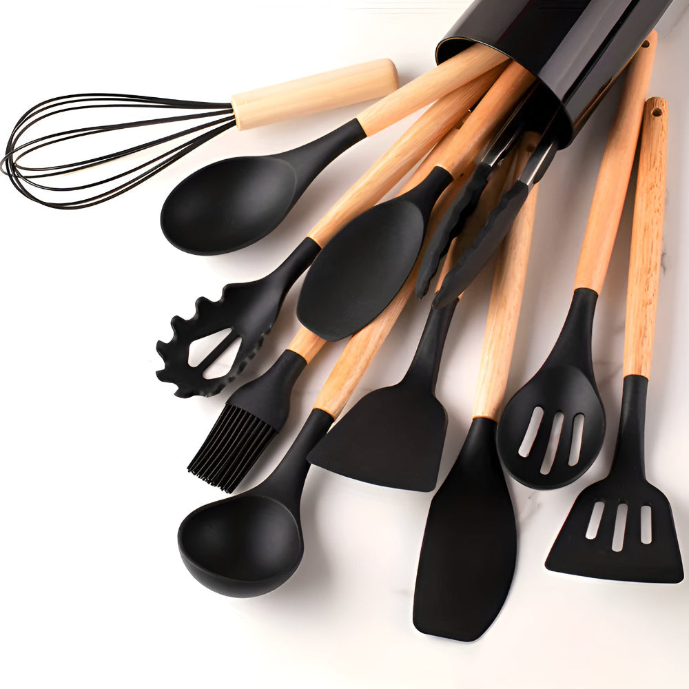 Davy | 12-Piece Silicone Utensil Set with Wood Handles